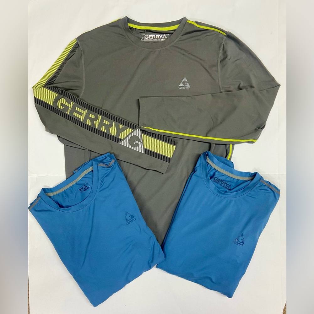 3 GERRY Men’s Long Sleeves Sun Shirt UPF Protection Tops, 1 Gray, 2 Blue - Large